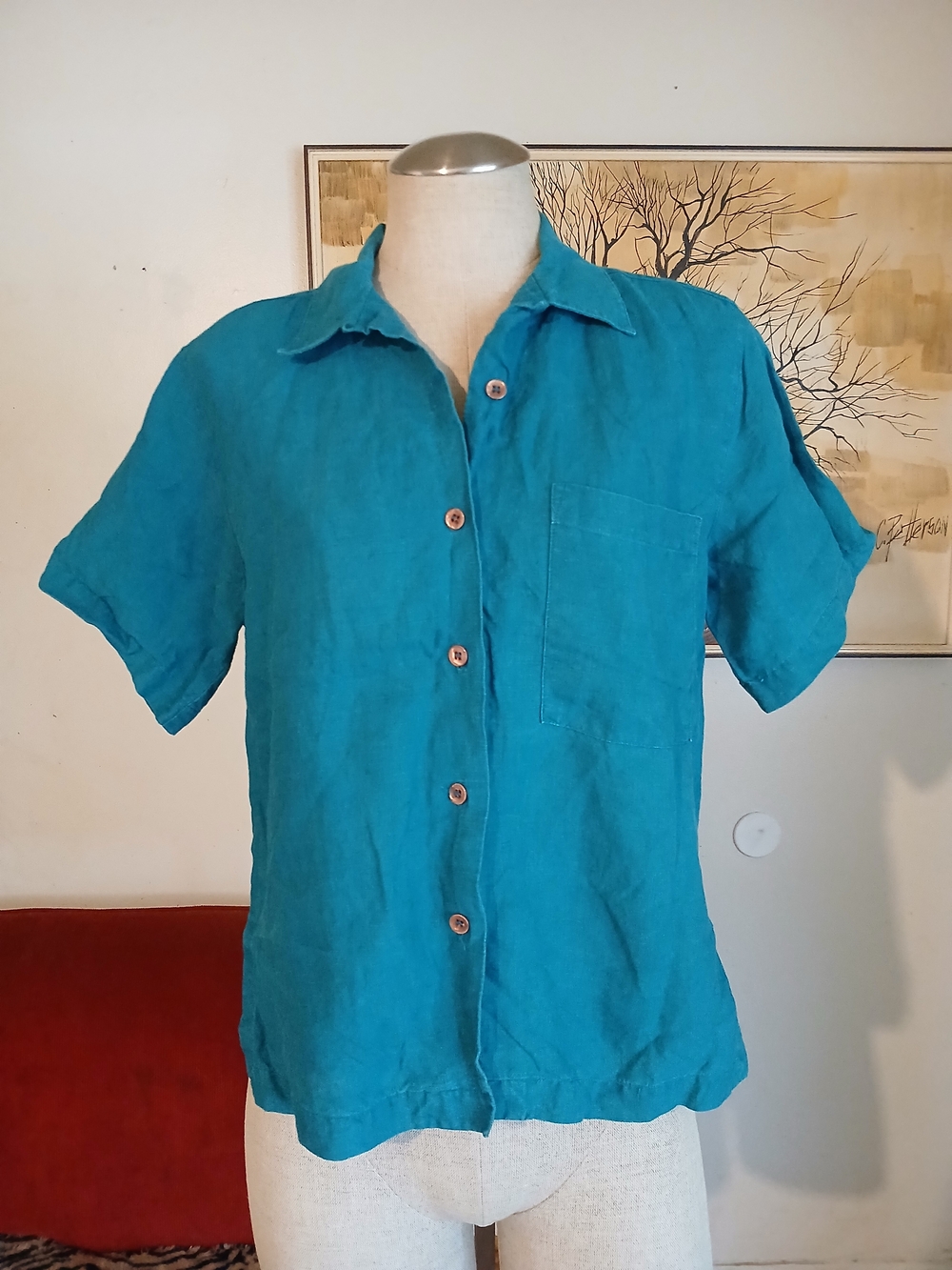 Vintage Aqua Linen Button-Up Top